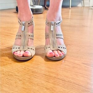 Michael Kors Taupe Suede T-Strap Zip Heels